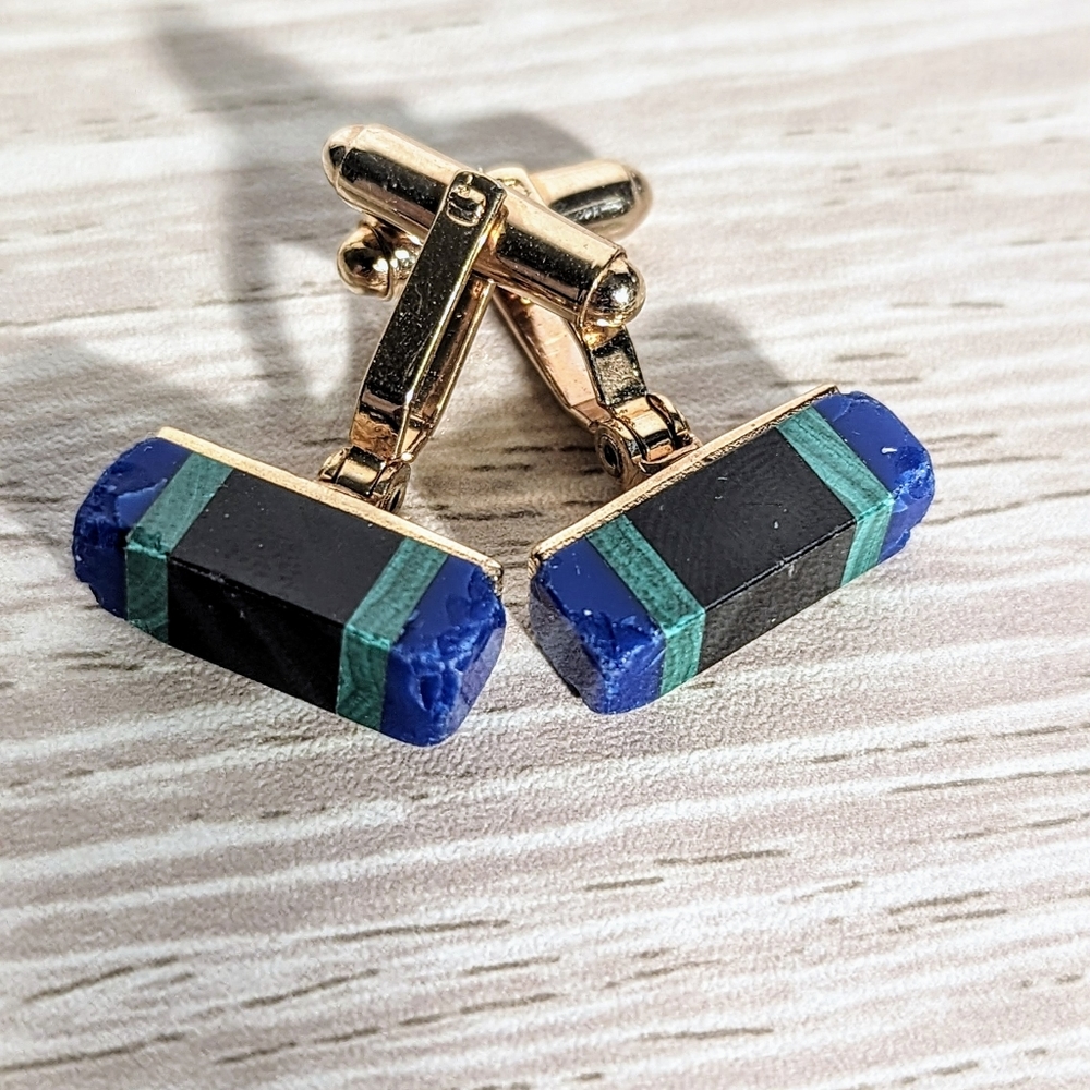 Vintage Rectangle Bar Cufflinks Blue Lapiz Lazuli Green Malachite Black Onyx